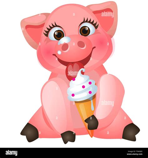 Cute animated pig eating sweet ice cream isolated on white background. Vector cartoon close-up ...