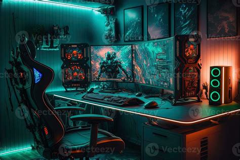 Spectacular gaming room interior, gaming pc, gaming desk, game setup room, tv, desk for five ...