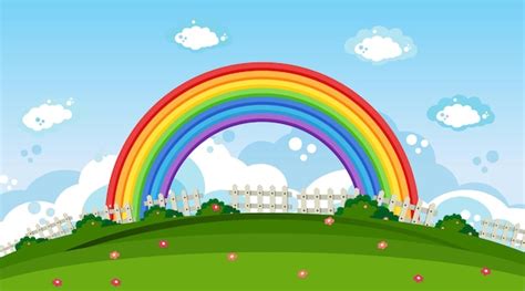 Free Vector | Nature park scene background with rainbow in the sky