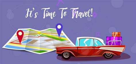 Road trip with map. Vacation elements. It’s Time to Travel text. Cartoon design vector ...