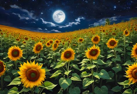 Sunflowers Full Moon Night Free Stock Photo - Public Domain Pictures