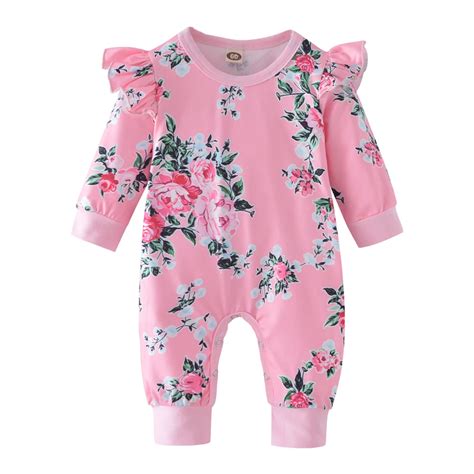 Autumn Fashion Newborn Toddler Baby Rompers Pink Ruffle Floral Jumpsuit Infant Clothing Baby ...