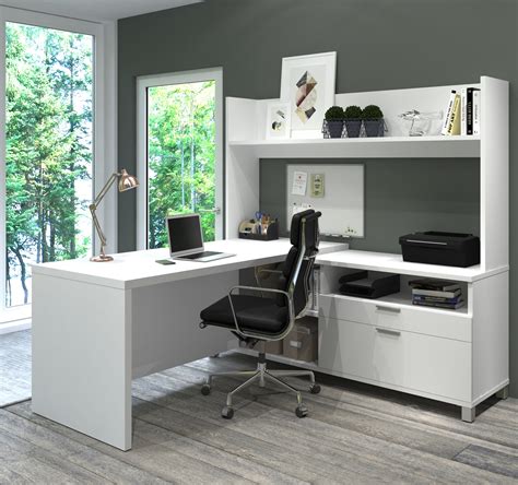 71" x 71" White L-Shaped Office Desk with Hutch by Bestar - OfficeDesk.com