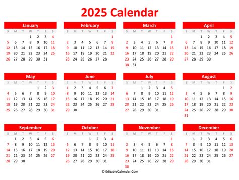 Printable 2025 Calendar (Landscape Orientation)