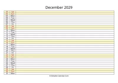 Editable Calendar December 2029 in Excel, Word, PDF