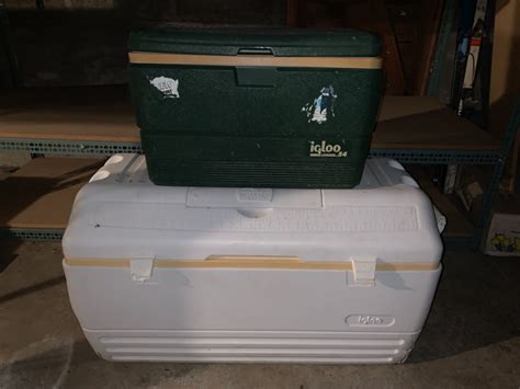 Lot #88 - Vintage Igloo Coolers: Green Igloo Legend 54 with Fisherman's Ruler and White Cooler ...