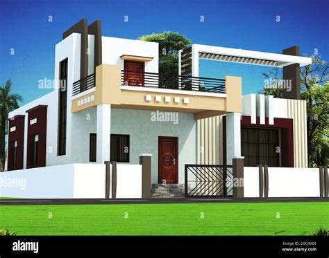 3D rendering of a house exterior design withan open gate Stock Photo - Alamy