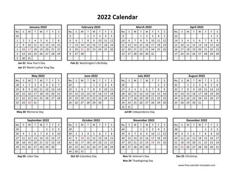 Yearly calendar 2022 printable with federal holidays | Free-calendar-template.com