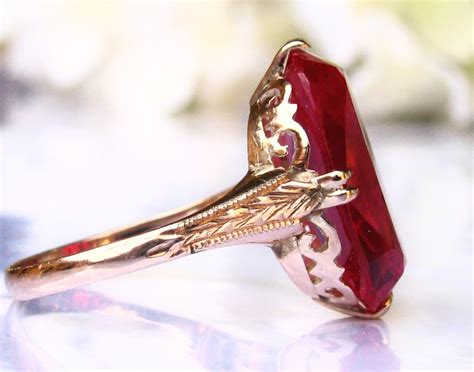 Large Vintage Ruby Engagement Ring 14K Yellow Gold Art Deco