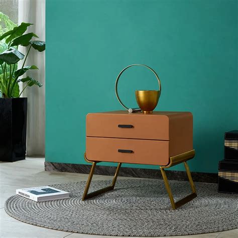 Modern Brown Nightstand 2 Drawers PU Leather Nightstand with Gold Legs-Homary