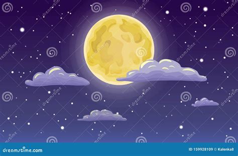 Full Moon, Stars, and Clouds on the Dark Midnight Sky. Night Sky Scenery Background. Cartoon ...