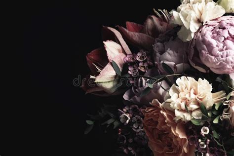 Beautiful Bouquet of Different Flowers on Black Background, Space for Text. Floral Card Design ...