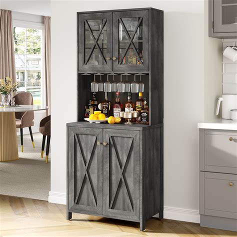 Dextrus Farmhouse Bar Cabinet for Liquor and Glasses, Freestanding Wood Tall Pantry Cabinet ...