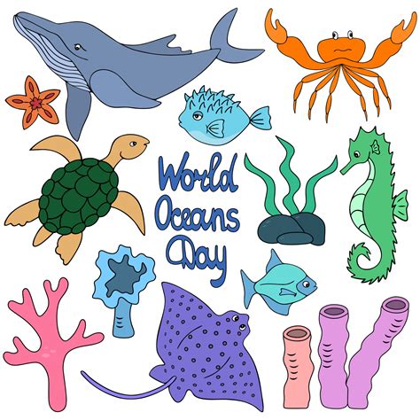 Ocean animals and aquatic plants group of cartoon style illustrations 11040742 Vector Art at ...