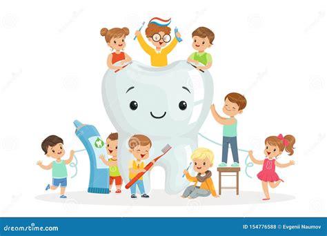 Little Children Take Care of and Clean a Large, Smiling Tooth. Colorful Cartoon Characters Stock ...