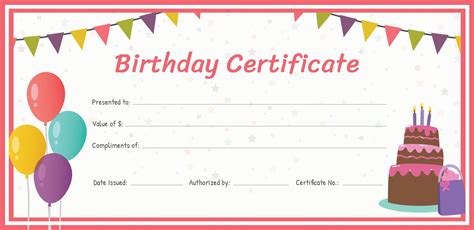 a birthday certificate with balloons and cake