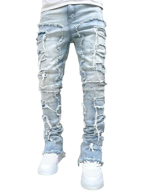 Sunisery Men's Regular Fit Stacked Jeans Patch Distressed Denim Pants Streetwear,Light Blue ...