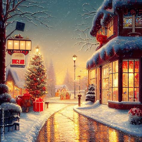 Christmas village with Snow in vintage style. Winter Village Landscape. Christmas Holidays ...