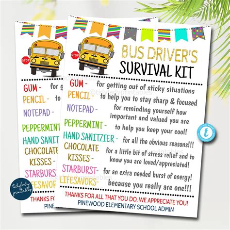 Bus driver s survival kit gift tags national bus driver appreciation day school staff thank you ...