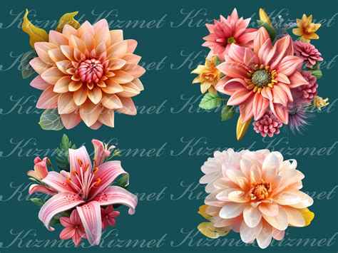 Set of 24 3D Flowers Clipart PNG Files, Digital Downloads for Fun 3D Flowers, Digital Wall Art ...