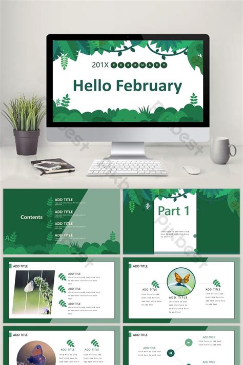 Green plant flower hello February PPT template | PowerPoint PPTX Free Download - Pikbest