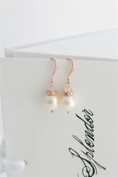 Bridal Pearl Earrings Simple Wedding Earrings Rose Gold Pearl Drop Earrings Crystal Hook Wedding ...