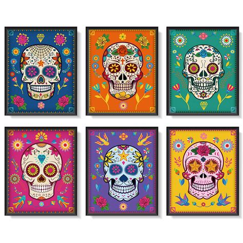 Buy 6 Pieces Sugar Skull Wall Art Decorations Day of the Dead Decor Mexican Day of the Dead ...