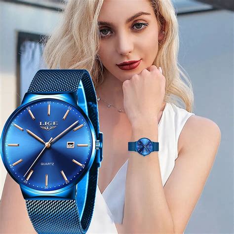 LIGE Womens Watches Top Brand luxury Analog Quartz Watch Women Full Blue Mesh Stainless Steel ...