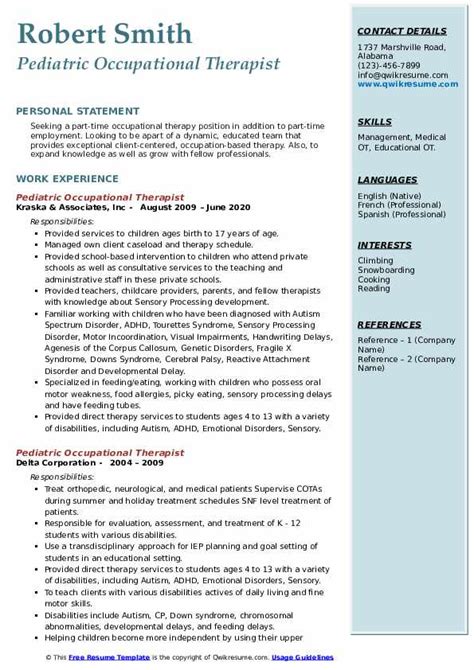 Pediatric Occupational Therapist Resume Samples | QwikResume