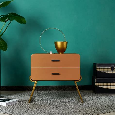 Modern Brown Nightstand 2 Drawers PU Leather Nightstand with Gold Legs-Homary