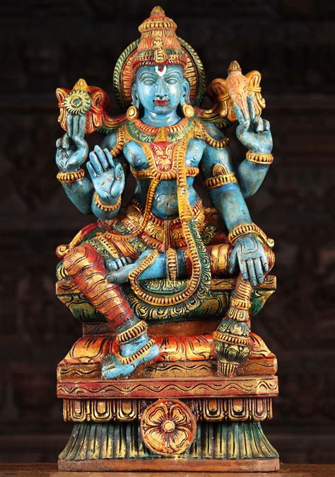 SOLD Wooden Blue Vishnu Statue Holding Club 24" (#94w9cd): Lotus Sculpture