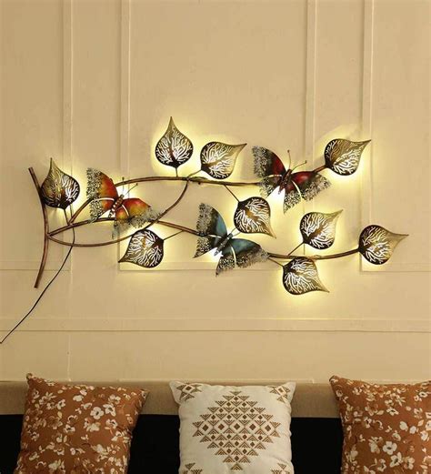 Buy Iron Butterfly On Leaf Wall Art With LED In Brown By Malik Design Online - Floral Metal Art ...