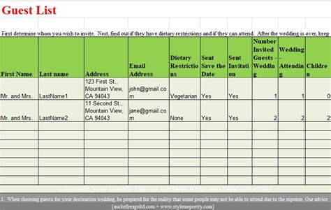 Wedding List Excel Template