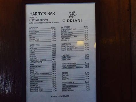 Menu da Harry's Bar Cipriani, Venezia, Calle Vallaresso