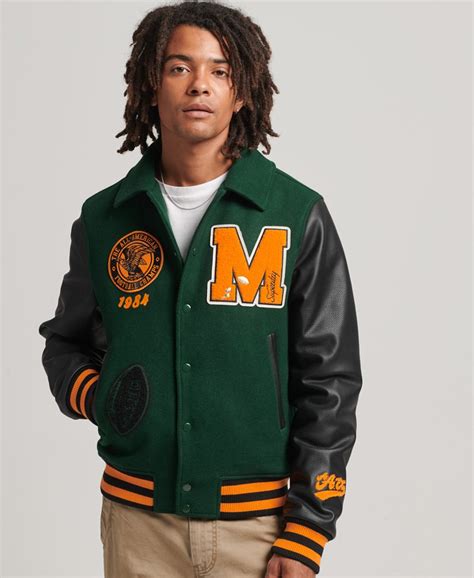 Men's College Varsity Patch Bomber Jacket in Enamel Green | Superdry CA-EN