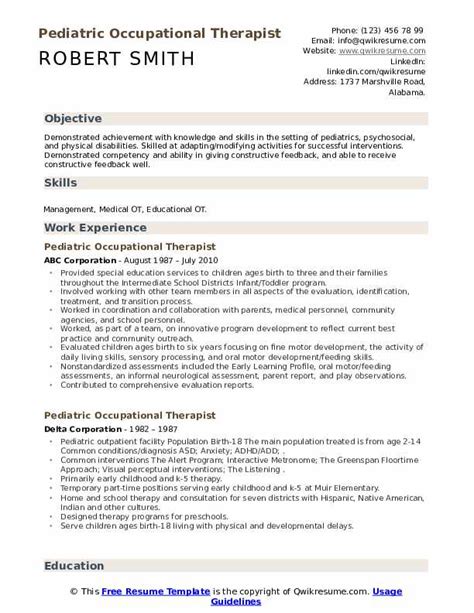 Pediatric Occupational Therapist Resume Samples | QwikResume