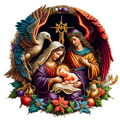 Birth Of Jesus Holy Family With Beautiful Christmas Decoration Poinsettia, Holy Family, Nativity ...