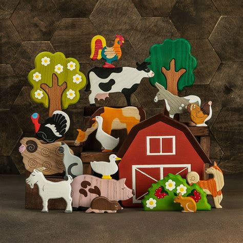 Wooden Farm Set 19 Pcs Pretend Play Small World Play Set Toy Farmyard Animals Farm Life Gift for ...