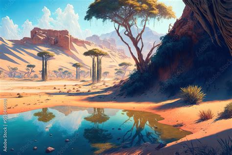 Fantasy desert oasis landscape. Desert. illustration art. Digital painting. Generative AI. Stock ...