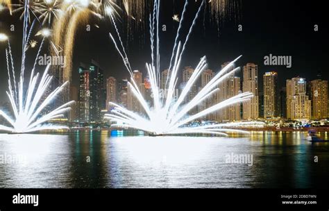 Fireworks display in Jumeirah Beach in Dubai Stock Photo - Alamy