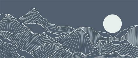 Mountain line art wallpaper. Contour drawing luxury scenic landscape, hills, moon. Panorama view ...