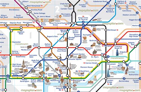 London map - London tube map with attractions - Underground stations plan showing main points of ...