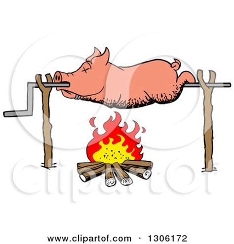 Clipart of a Cartoon Dead Pig Roasing on a Spit over a Fire - Royalty Free Vector Illustration ...