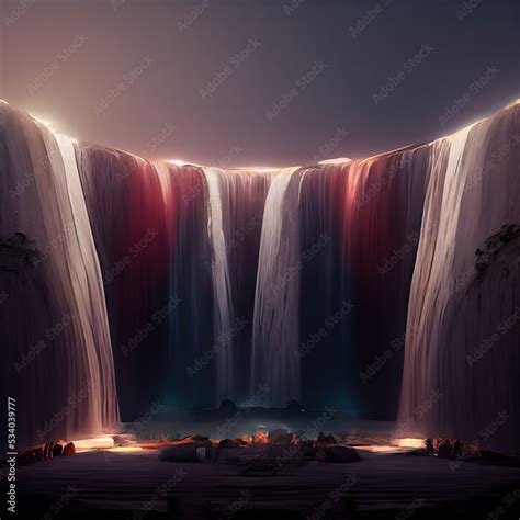 Waterfall by moonlight at night. Powerful night waterfall. Night light illuminates the waterfall ...