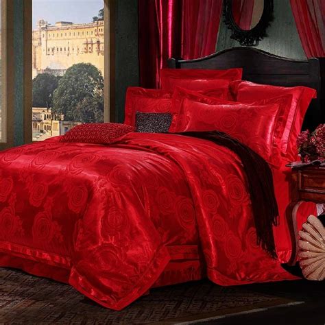 Solid Red Romantic Rose Pattern Sequin Jacquard Satin Luxury Full, Queen Size Bedding Sets ...