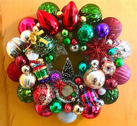 Bold vintage Christmas ornament wreath. Jewel tones, large ornaments Jeweled Christmas Trees ...