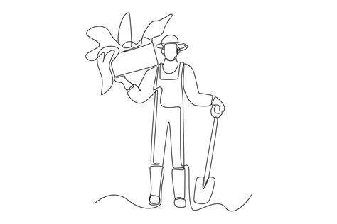 Continuous one line drawing male farmer with hoe carrying vegetable harvest. Agriculture concept ...