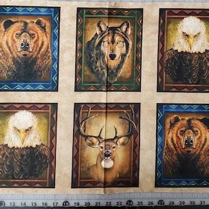 100% Cotton Quilting Fabric Stunning American Wild Wildlife Animals, Bear, Eagle, Deer, Wolf ...