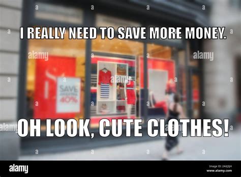 Shopping funny meme for social media sharing. Money saving problems humor Stock Photo - Alamy