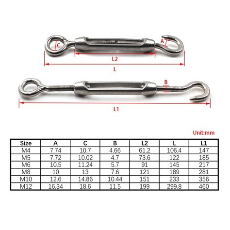 M12 Turnbuckle 304 Stainless Steel Turnbuckle Hook And Eye Turnbuckle Wire Rope Tension Pack Of ...